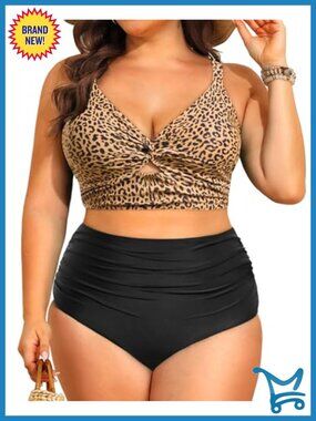 Plus Size Two Piece Bikini High Waisted Tummy Control Swimsuit
